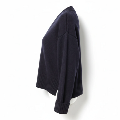 KnitForLess vintage-style navy blue boxy V-neck sweater with ribbed hem and cuffs on a mannequin