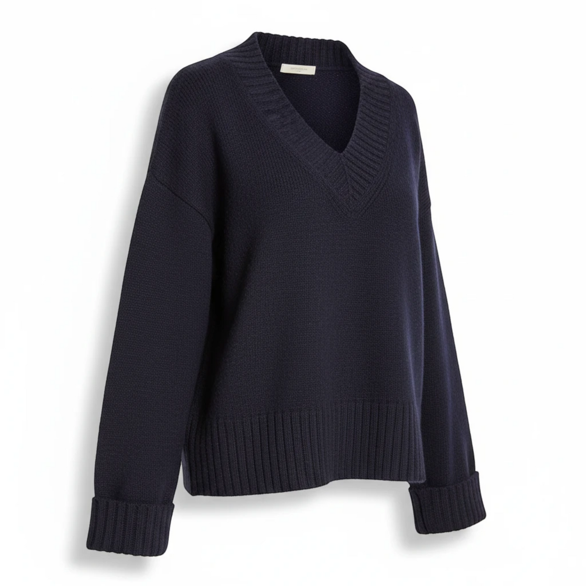 KnitForLess navy blue boxy V-neck sweater with wide ribbed neckline, cuffs, and hem in a classic vintage knit style.