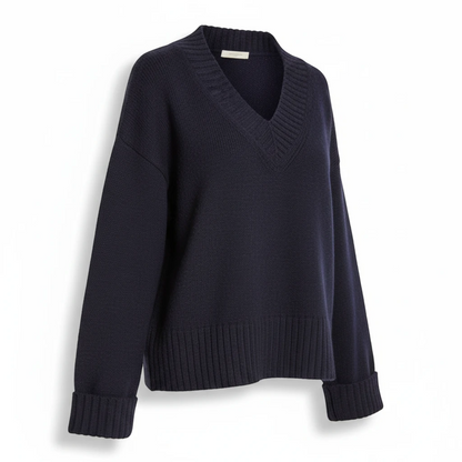 KnitForLess navy blue boxy V-neck sweater with wide ribbed neckline, cuffs, and hem in a classic vintage knit style.