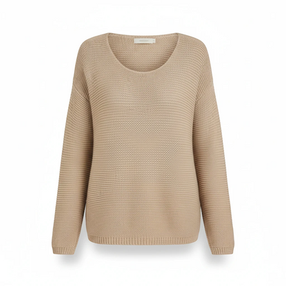 KnitForLess oversized beige garter stitch sweater with a wide neck and dropped shoulders in a boxy silhouette
