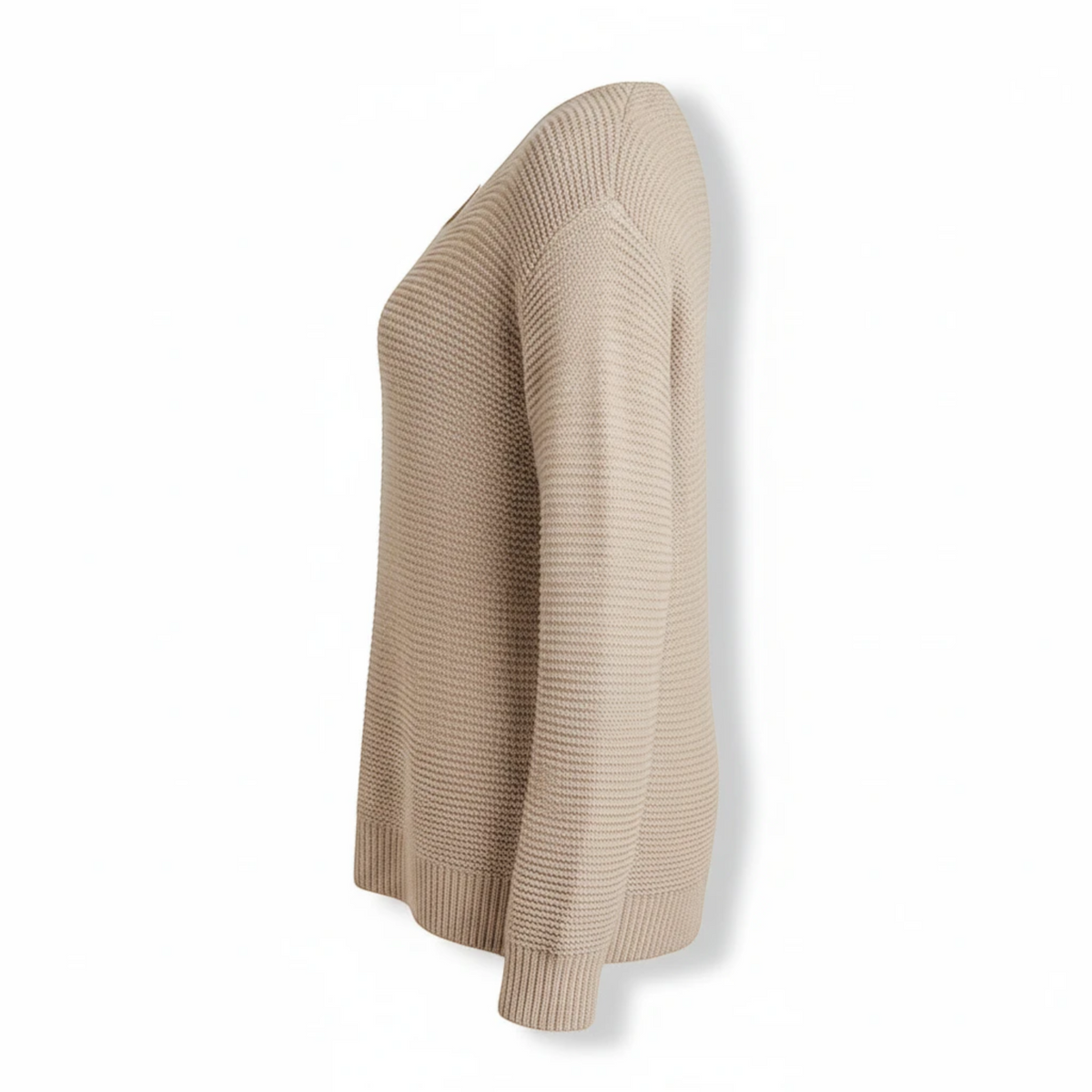 KnitForLess oversized garter stitch sweater in beige with a wide neck and dropped shoulders, side view.