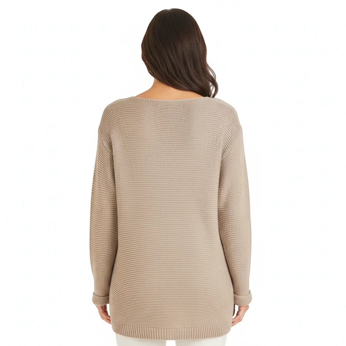 Back view of a woman wearing a KnitForLess oversized beige garter stitch sweater with a wide neck and dropped shoulders