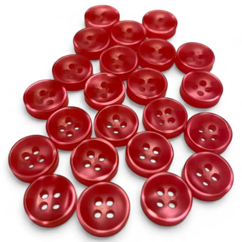 Red, round, plastic buttons.