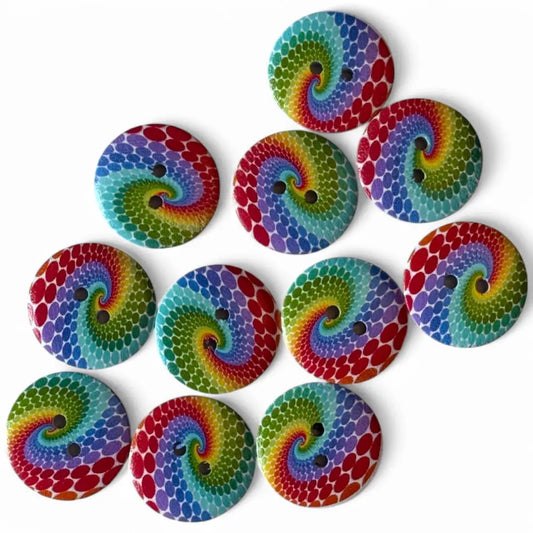 KnitForLess Rainbow Swirl Wooden Buttons 23mm 2 Holes Round Large Sewing Embellishments - 20