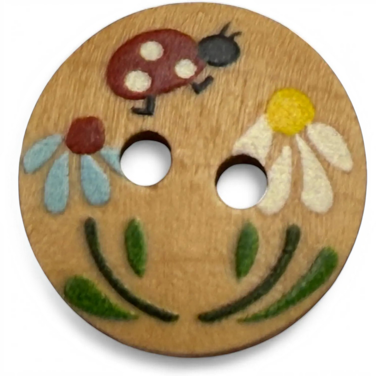 KnitForLess 15mm round wooden button with a hand-painted ladybug and flower design, featuring two holes for sewing.