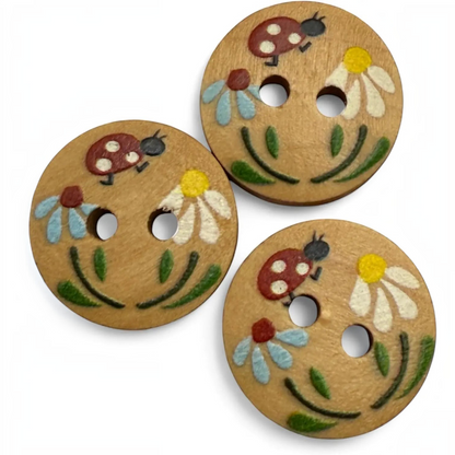 KnitForLess 15mm round wooden buttons featuring hand-painted ladybug and flower designs for children's crafts