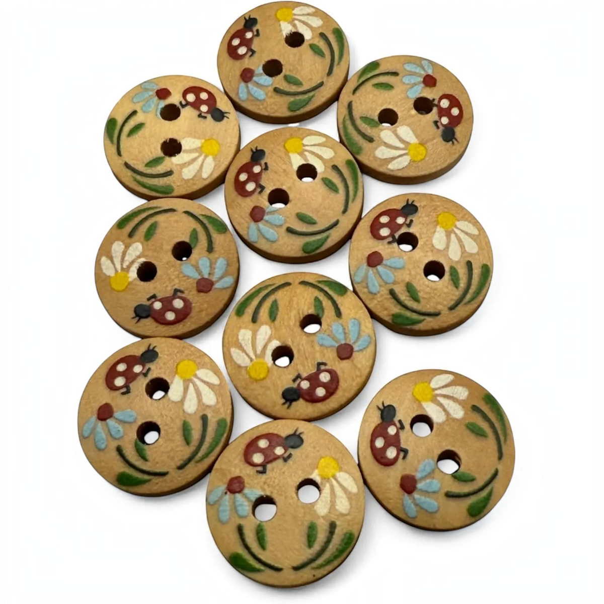 KnitForLess 15mm round wooden buttons featuring hand-painted ladybug and flower designs for children's crafts