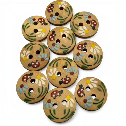 KnitForLess 15mm round wooden buttons featuring hand-painted ladybug and flower designs for children's crafts
