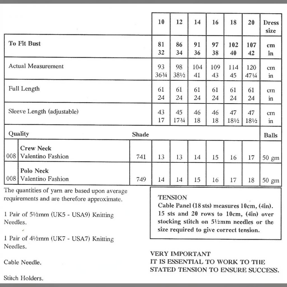 KnitForLess Sirdar Valentino vintage sweater knitting pattern size and yarn requirement chart for women's knitwear.