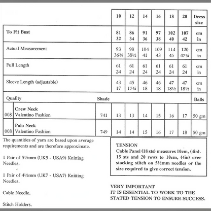 KnitForLess Sirdar Valentino vintage sweater knitting pattern size and yarn requirement chart for women's knitwear.
