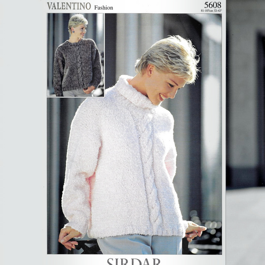 KnitForLess vintage Sirdar Valentino sweater knitting pattern featuring a white textured cable knit pullover design