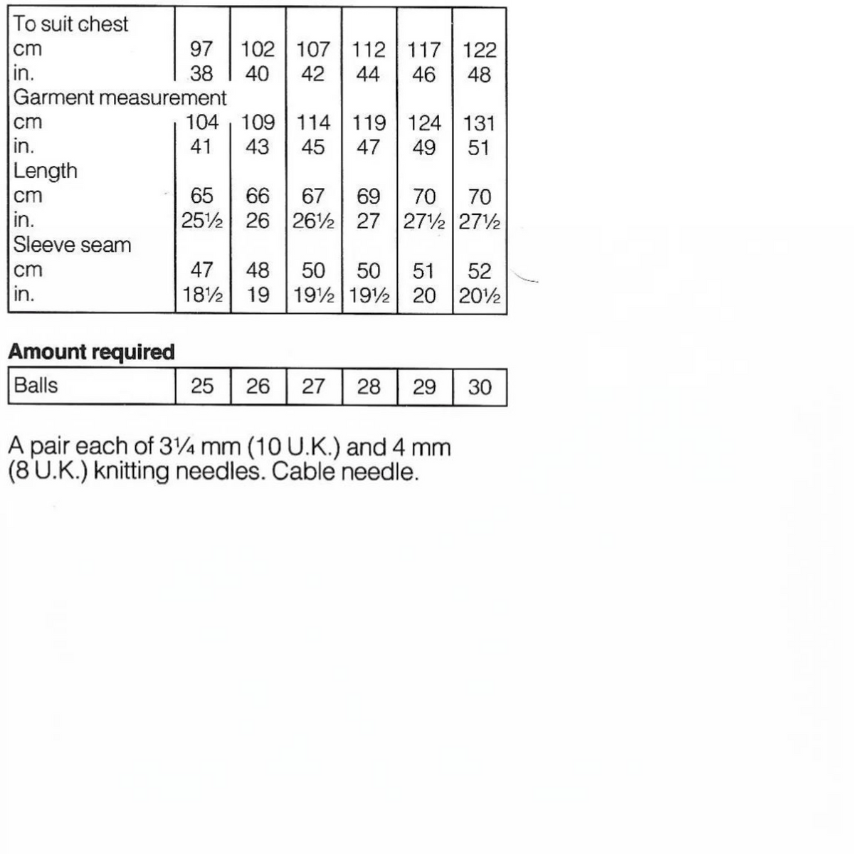 KnitForLess sizing chart for men's cable knit sweater pattern showing chest measurements and yarn requirements
