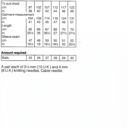 KnitForLess sizing chart for men's cable knit sweater pattern showing chest measurements and yarn requirements