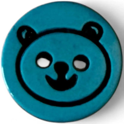 Blue button with a bear face.