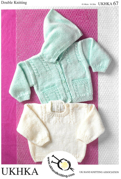 KnitForLess vintage baby hooded cardigan and sweater knitting pattern set in mint green and cream wool