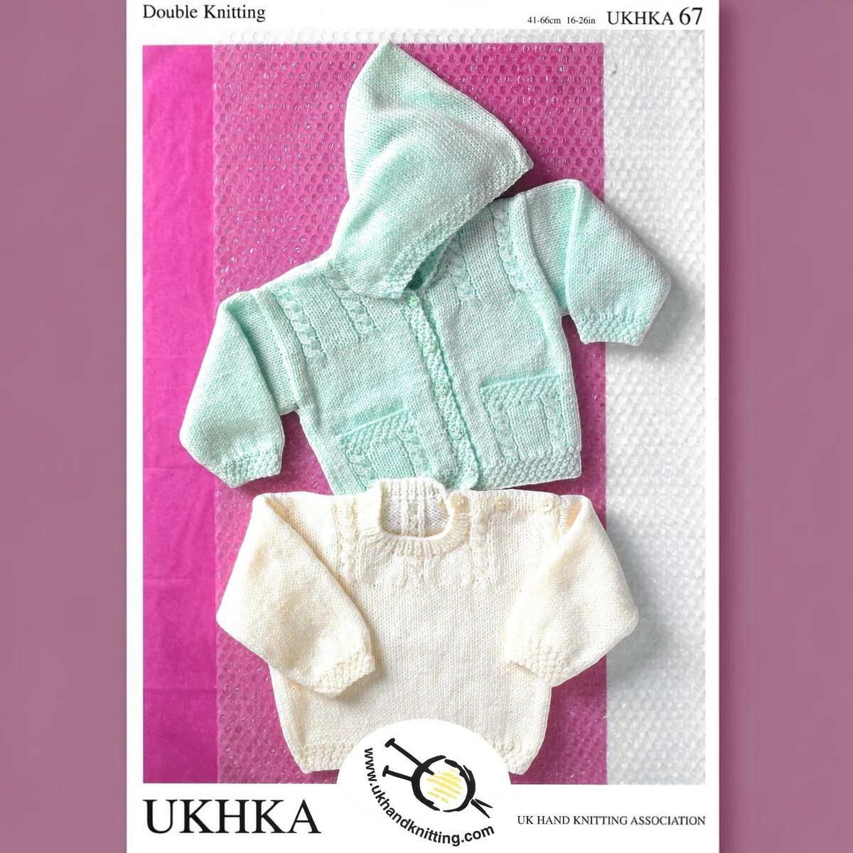 KnitForLess vintage baby hooded cardigan and sweater knitting pattern set in mint green and cream wool