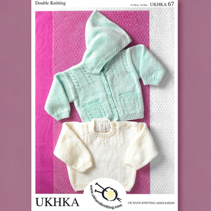 KnitForLess vintage baby hooded cardigan and sweater knitting pattern set in mint green and cream wool