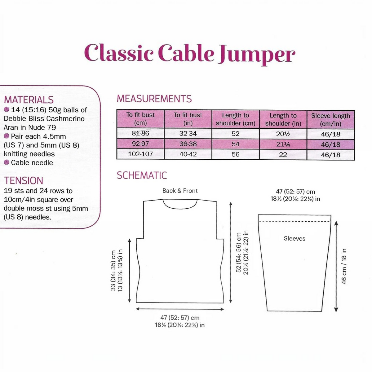 KnitForLess Debbie Bliss vintage cable jumper knitting pattern showing measurements, materials, and schematic diagram