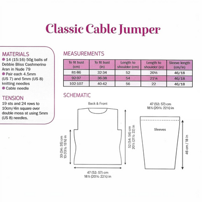 KnitForLess Debbie Bliss vintage cable jumper knitting pattern showing measurements, materials, and schematic diagram