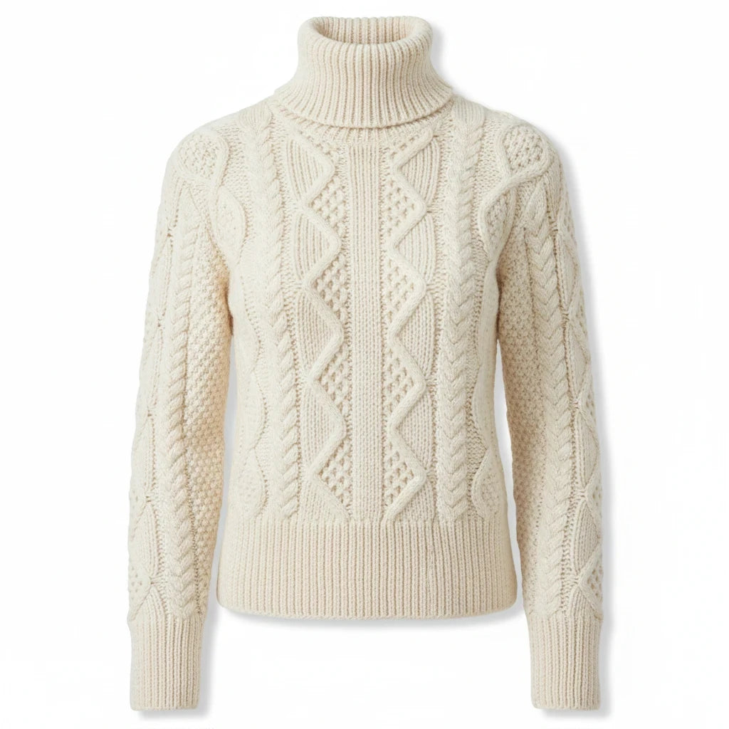 KnitForLess Debbie Bliss vintage cream aran cable knit jumper with a ribbed turtleneck and long sleeves.