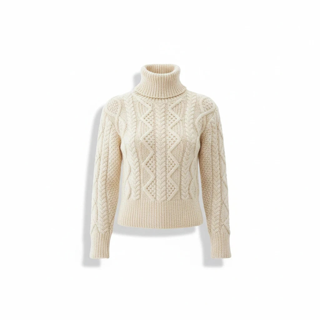 KnitForLess Debbie Bliss vintage cream aran cable knit jumper with a cozy turtleneck design