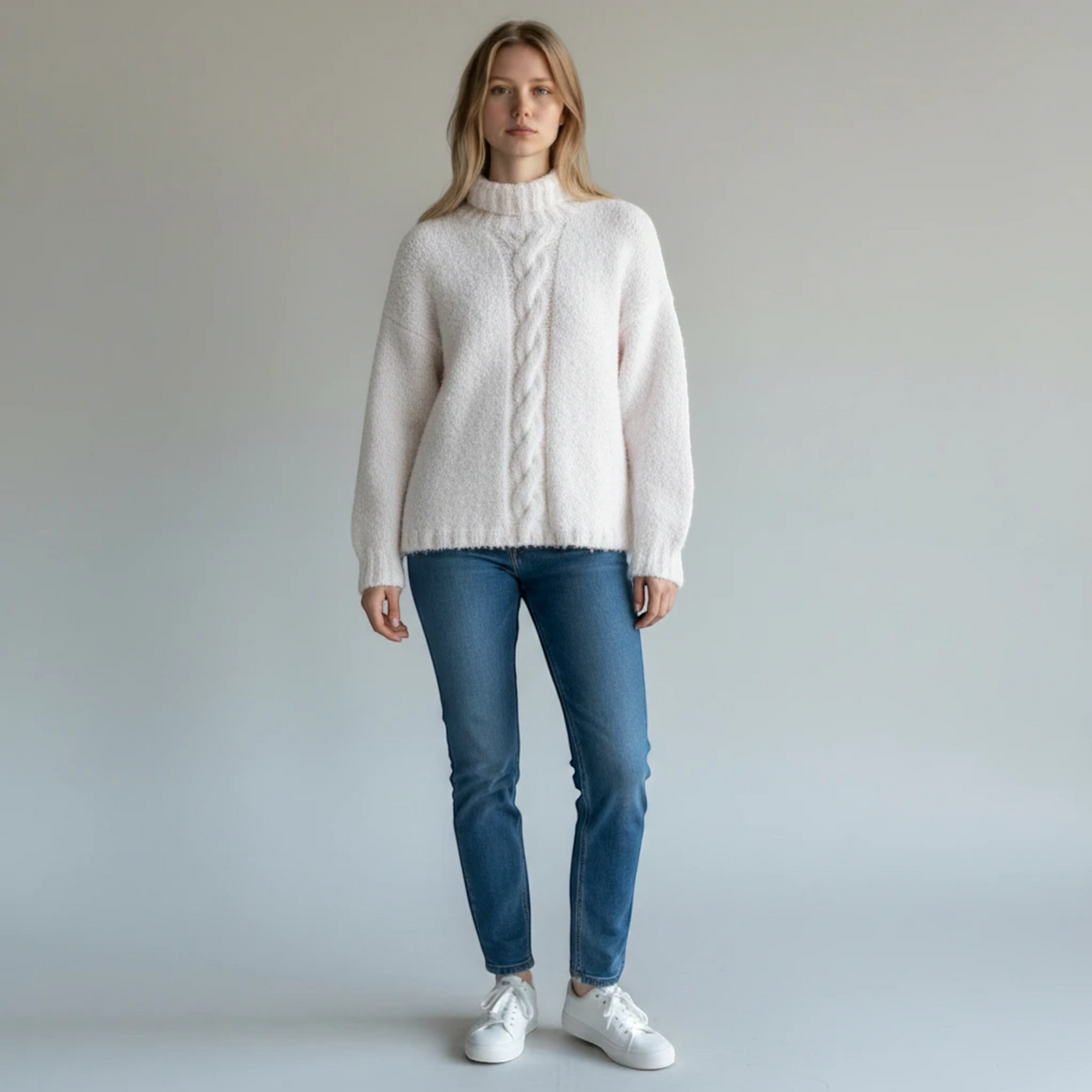 Model wearing a KnitForLess Sirdar Valentino cream cable-knit sweater with a mock neck and blue jeans