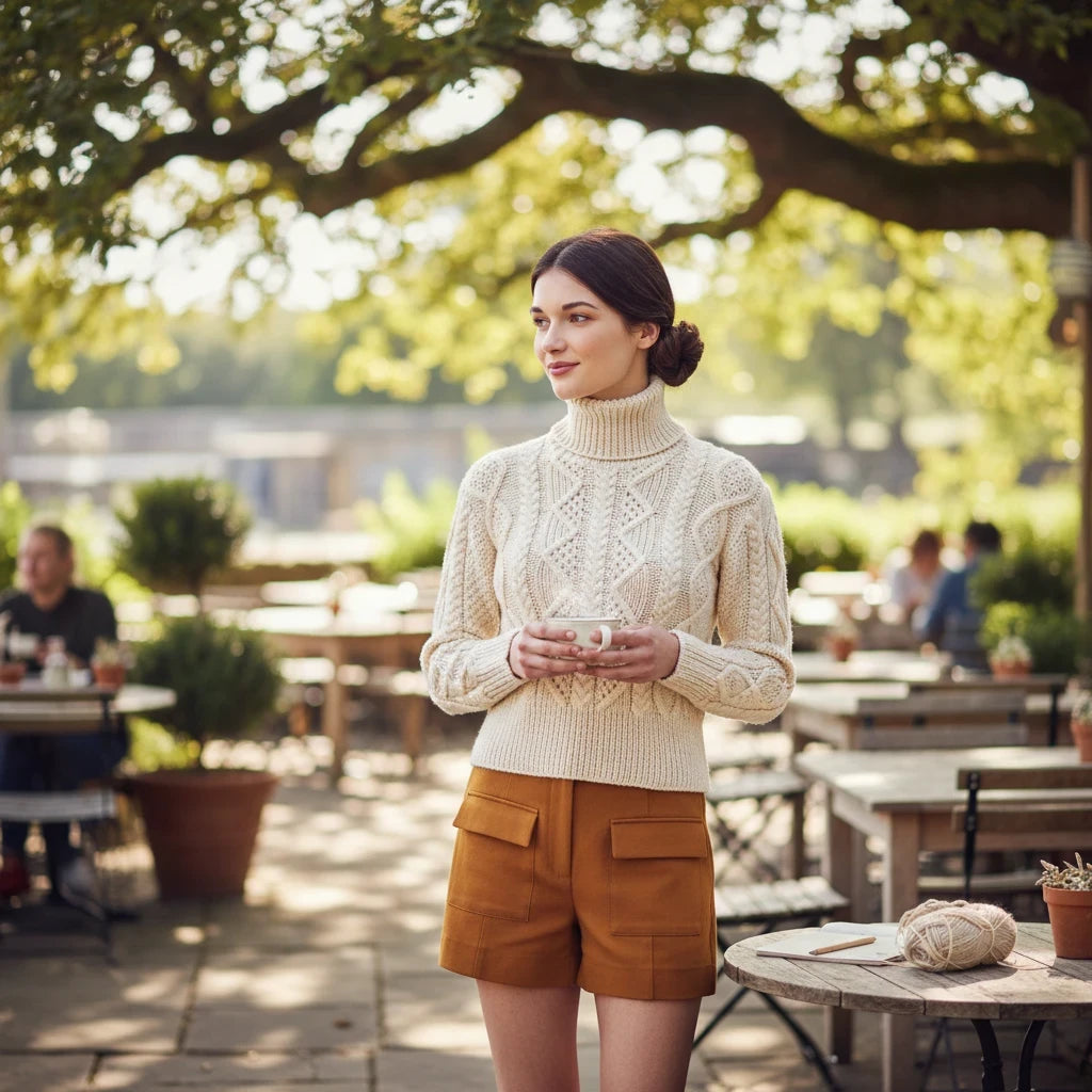 KnitForLess Debbie Bliss vintage cable knit cream turtleneck jumper worn by a woman in a sunny outdoor cafe setting