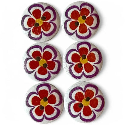 Six flower-painted wooden buttons.