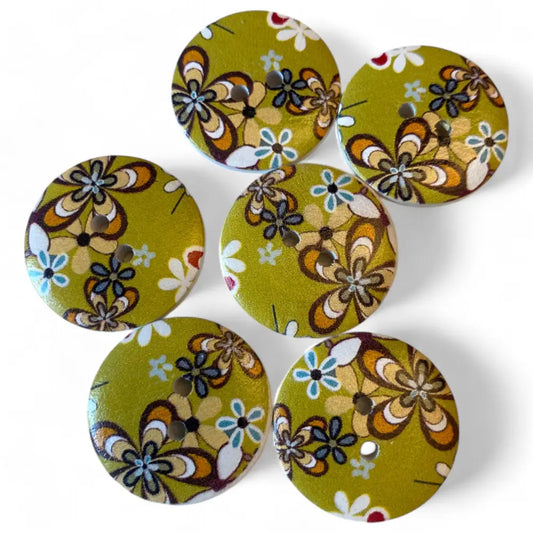 KnitForLess Wooden Buttons 25mm Green Flower Design 2 Hole 10 Pieces for Cardigans and Sewing
