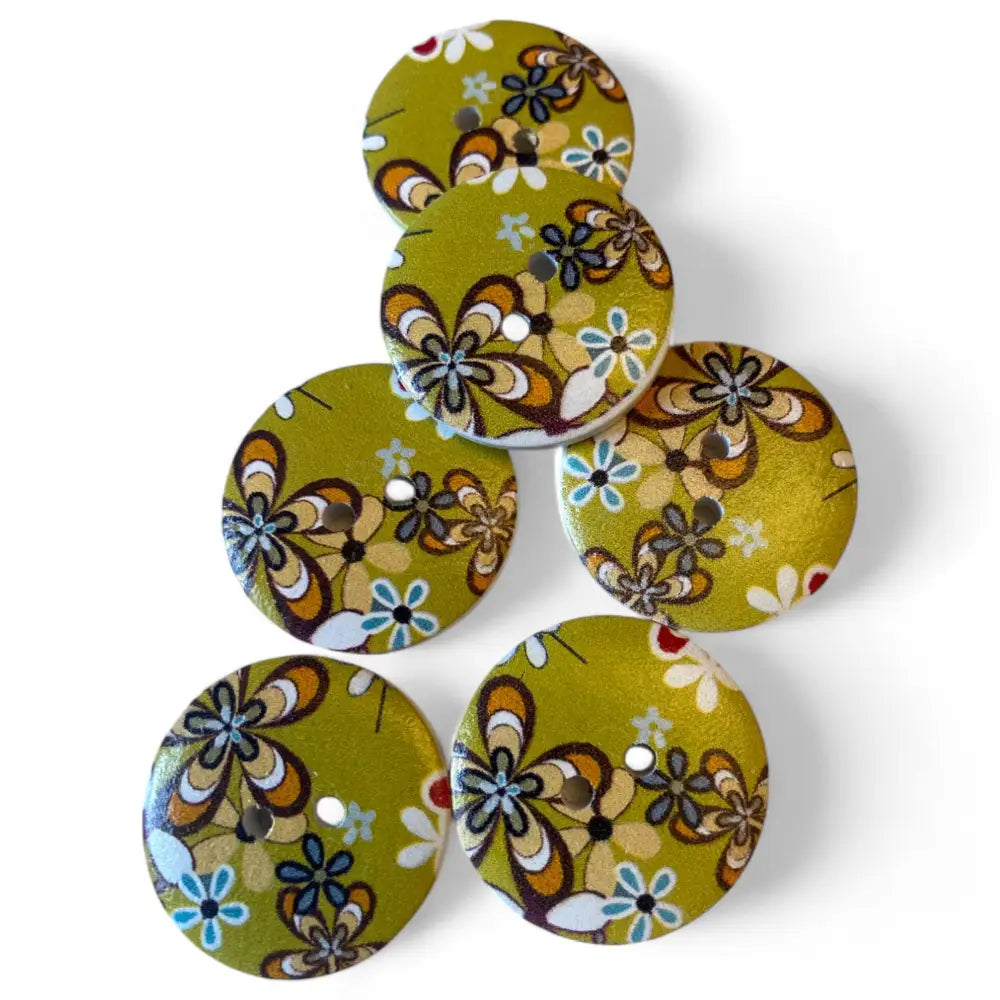 KnitForLess Wooden Buttons 25mm Green Flower Design 2 Hole 10 Pieces for Cardigans and Sewing