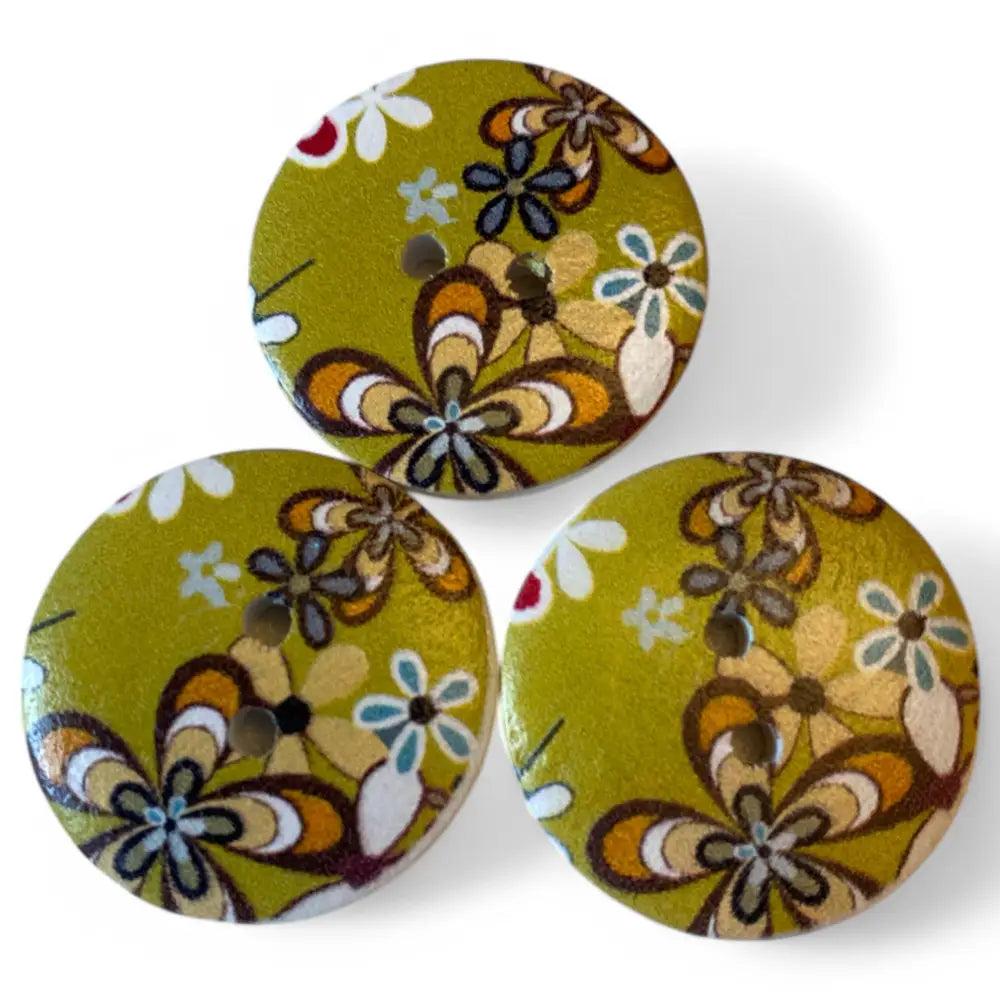 KnitForLess Wooden Buttons 25mm Green Flower Design 2 Hole 10 Pieces for Cardigans and Sewing