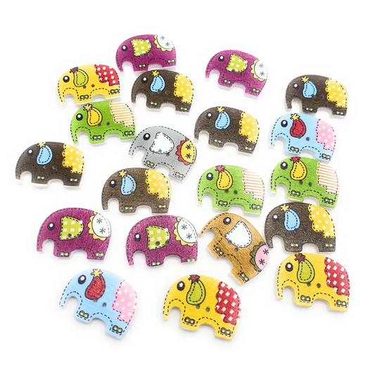 KnitForLess Wooden Elephant Buttons Bright Colours Crafts Scrapbook Arts Pack of 10
