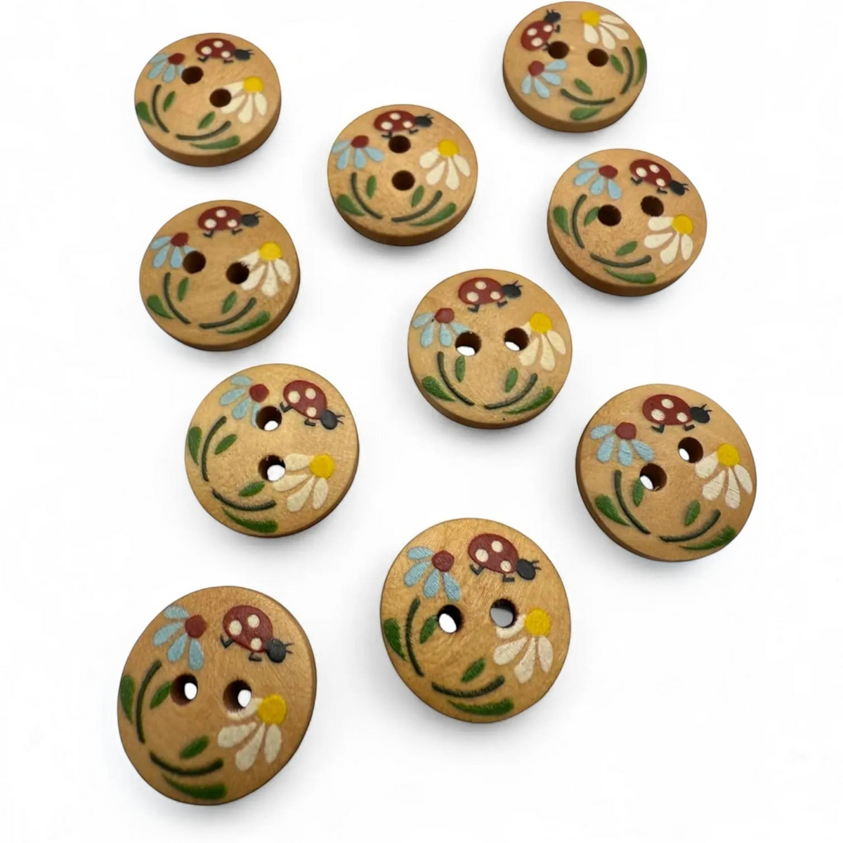 KnitForLess 15mm round natural wooden buttons with hand-painted ladybug and flower designs for children's crafts