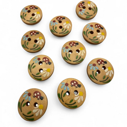 KnitForLess 15mm round natural wooden buttons with hand-painted ladybug and flower designs for children's crafts