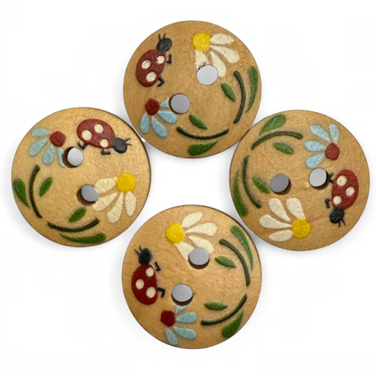 KnitForLess 15mm round wooden buttons featuring hand-painted ladybug and daisy designs for children's crafts