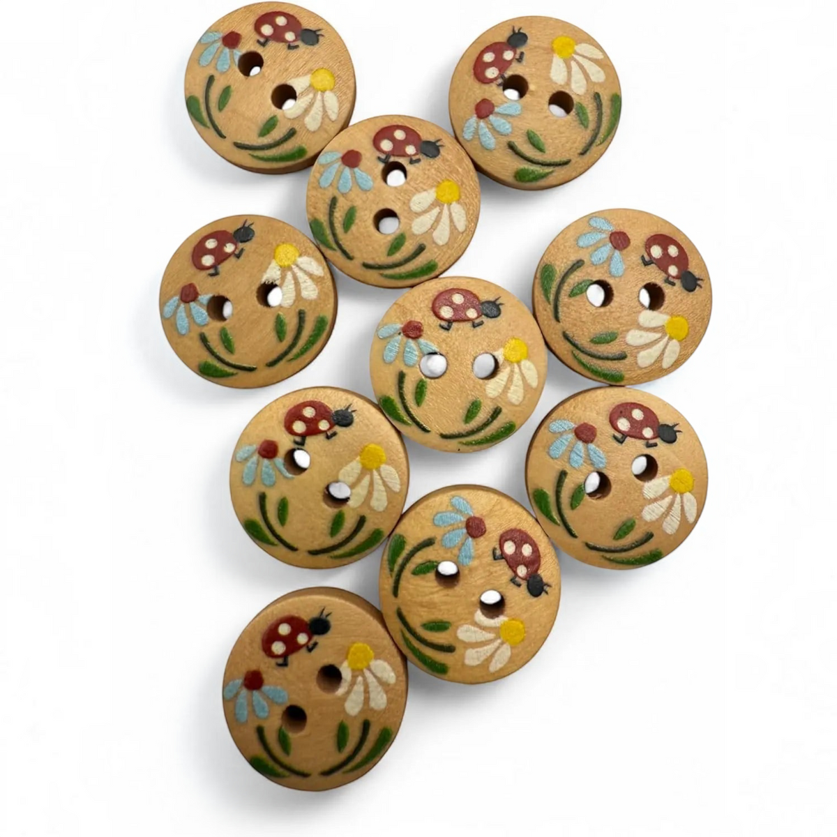 KnitForLess 15mm round wooden buttons featuring hand-painted ladybug and flower designs with two holes for sewing.