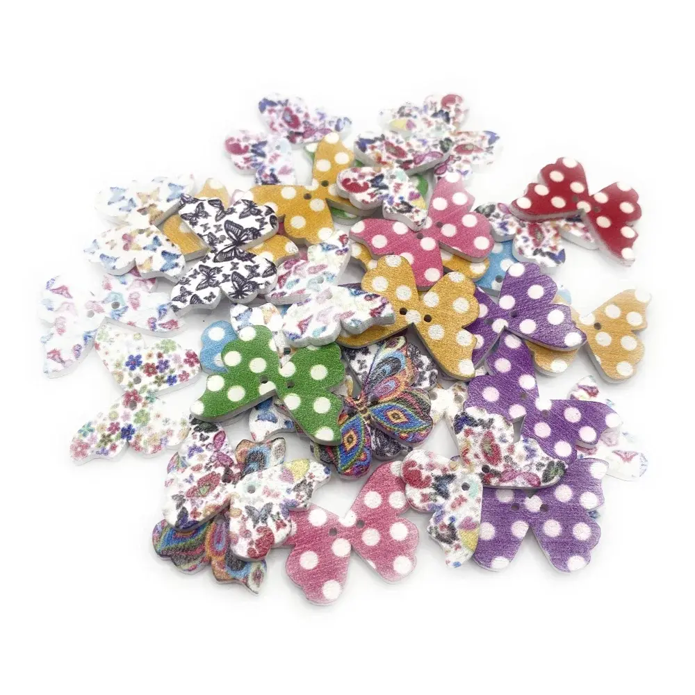 Colorful wooden bow tie buttons.