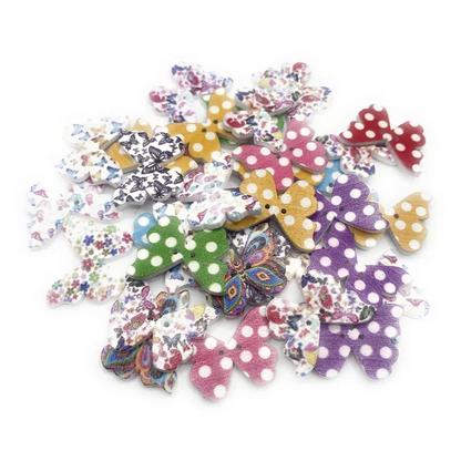 Colorful wooden bow tie buttons.