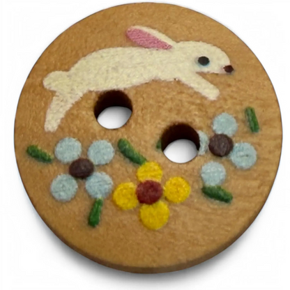 KnitForLess 15mm round natural wood button featuring a painted white rabbit and colourful flowers for kids crafts