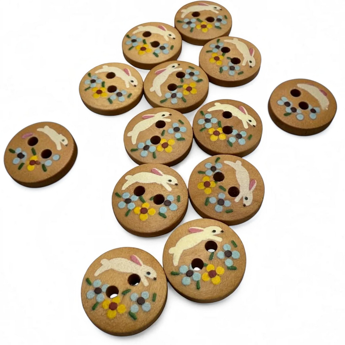 KnitForLess 15mm round natural wood buttons featuring painted rabbit and flower designs for children's crafts