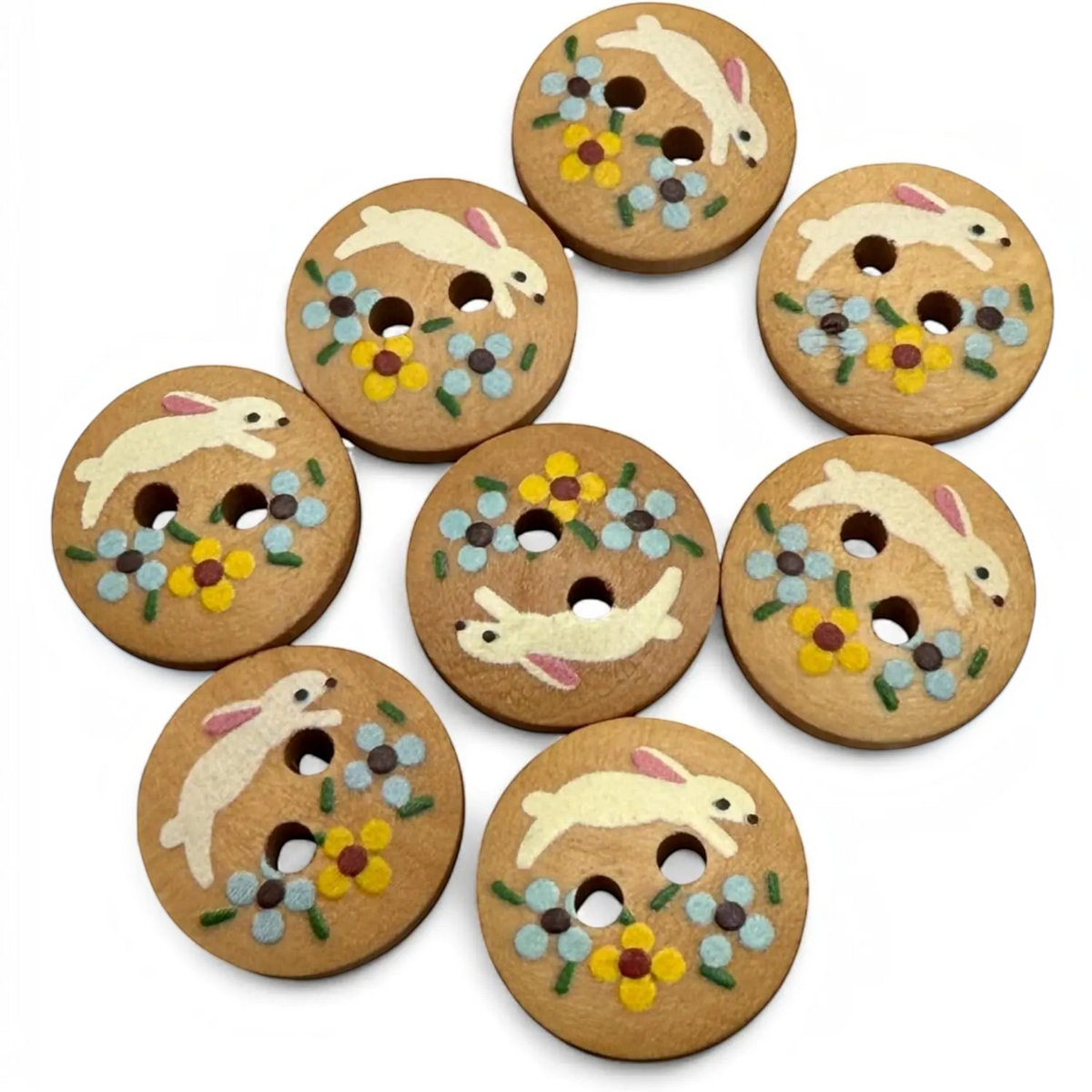 KnitForLess 15mm round natural wood buttons featuring painted rabbit and floral designs for children's craft projects.