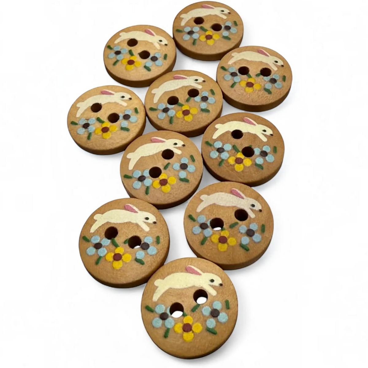 KnitForLess 15mm round natural wood buttons featuring a painted rabbit and flower design for children's craft projects.