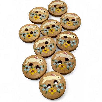 KnitForLess 15mm round natural wood buttons featuring a painted rabbit and flower design for children's craft projects.