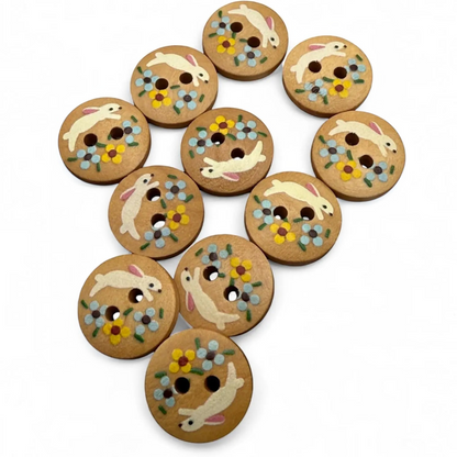 KnitForLess 15mm round natural wood buttons featuring a painted rabbit and flower design for children's craft projects.