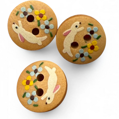 KnitForLess 15mm round natural wood buttons featuring painted white rabbits and colorful flowers for kids crafts