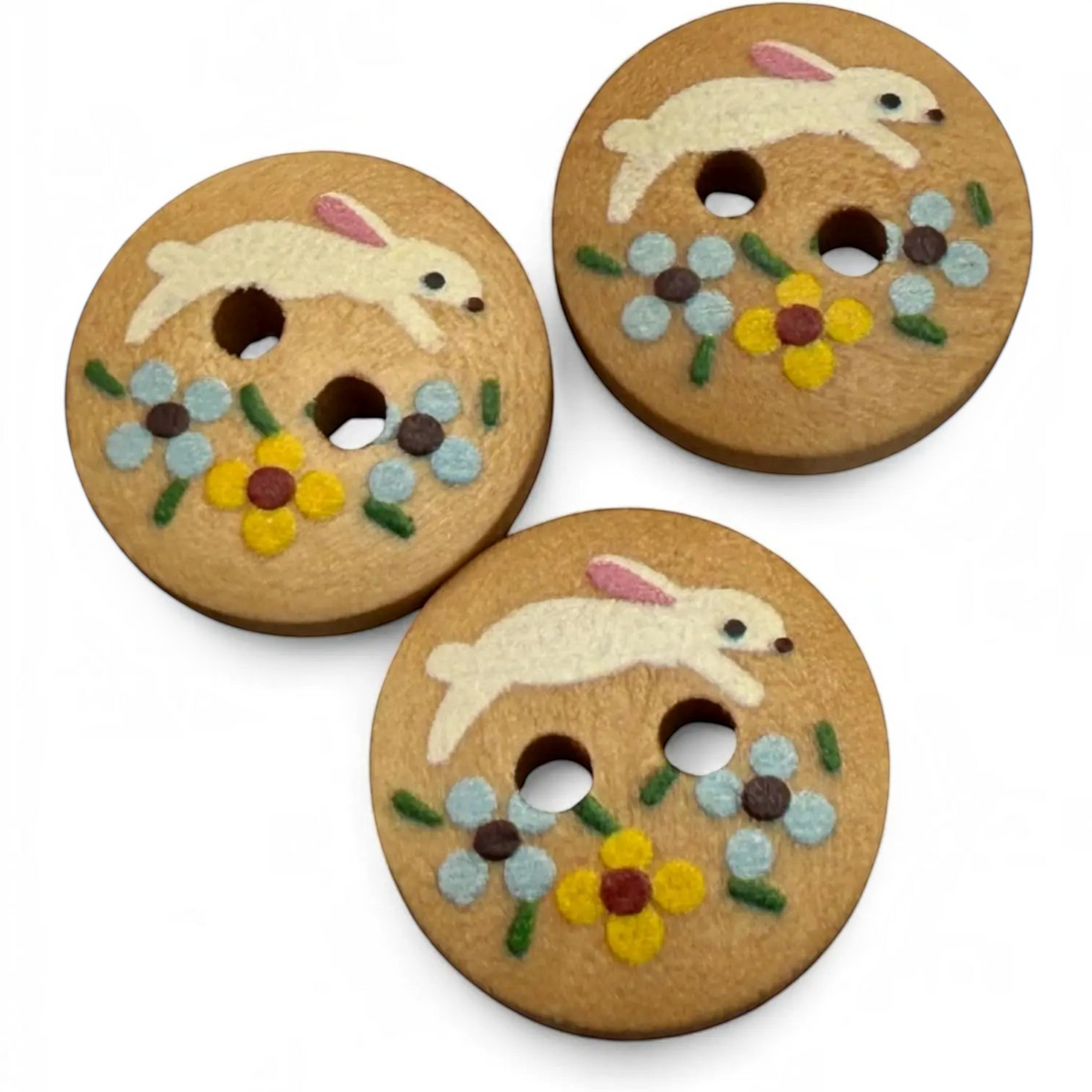 KnitForLess 15mm round natural wood buttons featuring a painted rabbit and floral design for kids crafts