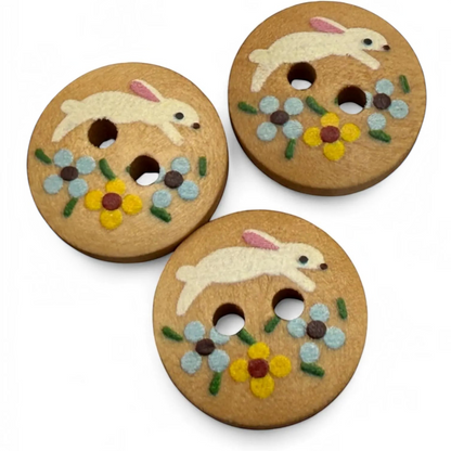 KnitForLess 15mm round natural wood buttons featuring a painted rabbit and floral design for kids crafts