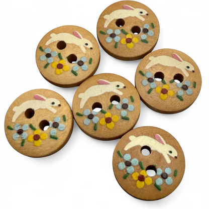 KnitForLess 15mm round natural wood buttons featuring a painted rabbit and flower design for children's craft projects.
