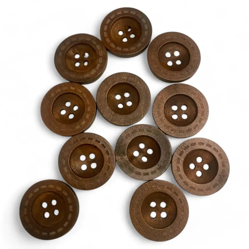 Group of brown wooden buttons.