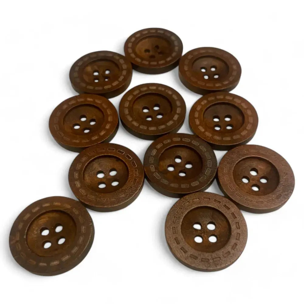 Collection of brown wooden buttons.